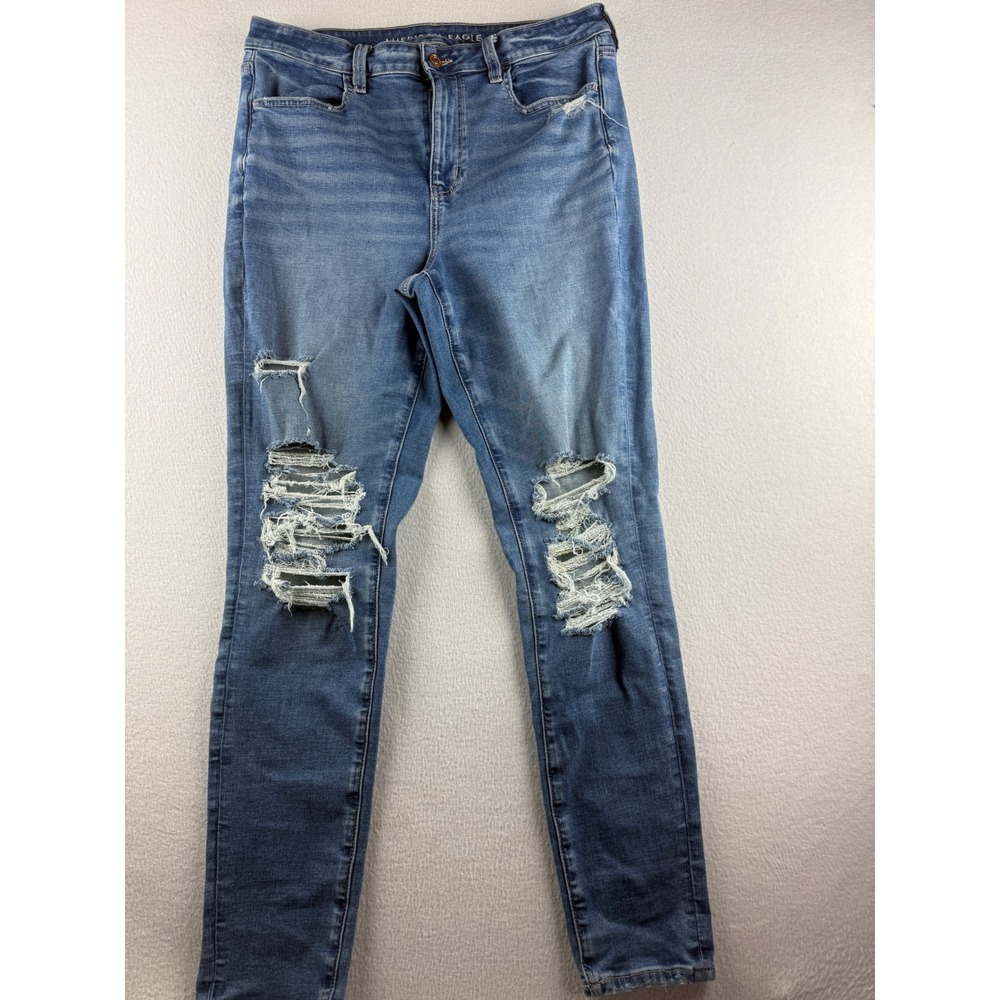American Eagle Super High-Rise Jegging Blue Distressed Jeans Stretch 14L